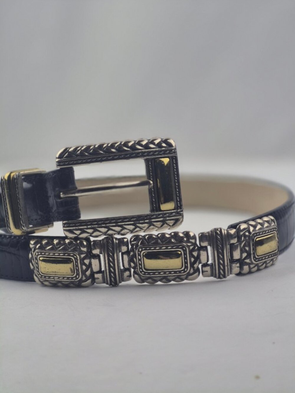 Vintage Brighton Black Leather Faux Croc Embossed Belt Western Two Tone Hardware